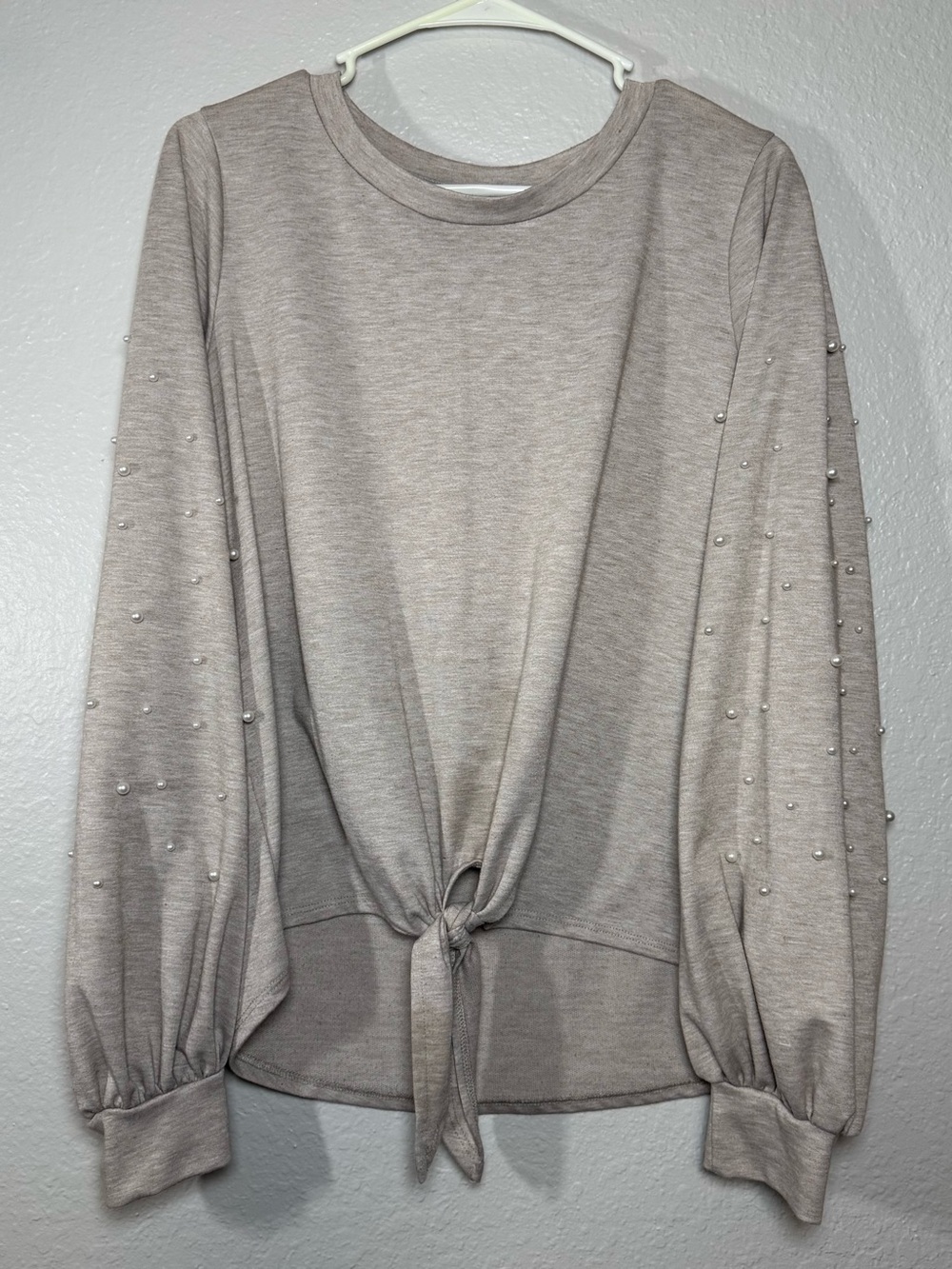 Beige Pearl Accent Tie Front Balloon Sleeve Crew Neck Top Women's X-Large Shirt